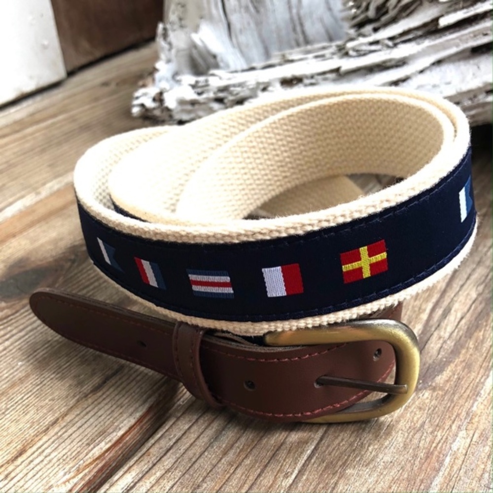 Nautical Flags & Brown Leather & Canvas Belt